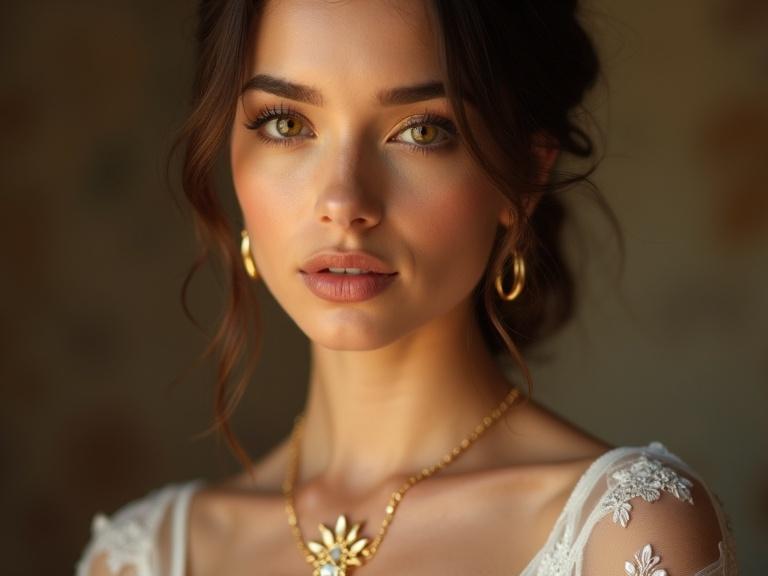 A beautiful bride looking at the camera. A serene expression and softly illuminated skin. Elegant gold jewelry enhances the look. The composition features warm tones and soft light. Ultra-realistic photography style in 8K resolution.