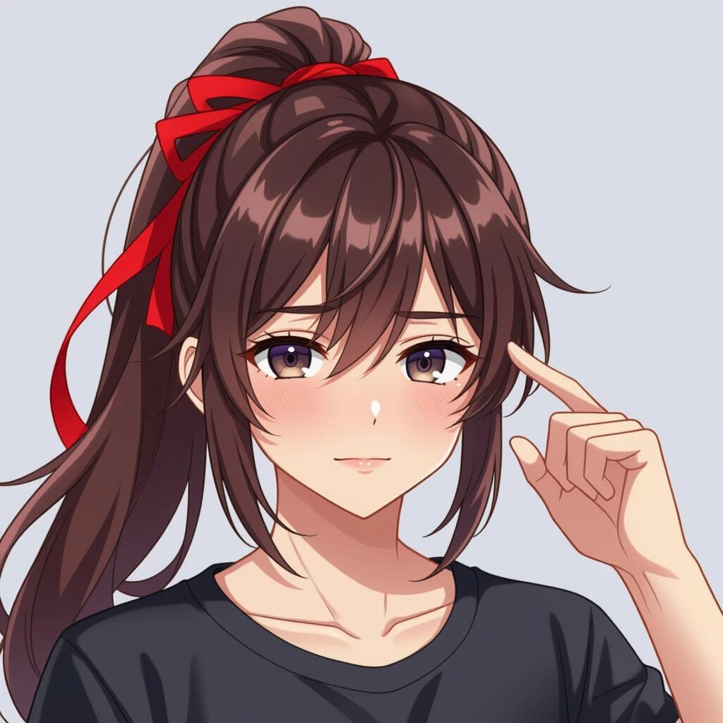 Character with brown hair styled in a long ponytail tied with a red ribbon. The character shows an embarrassed expression with one eye closed and a smile. The character is wearing a black t-shirt and appears youthful. Soft colors offer a gentle aesthetic.