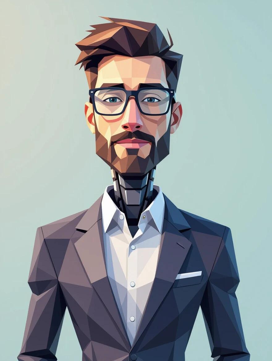 Ultra modern low poly robot version of slim professional consultant wearing glasses and suit