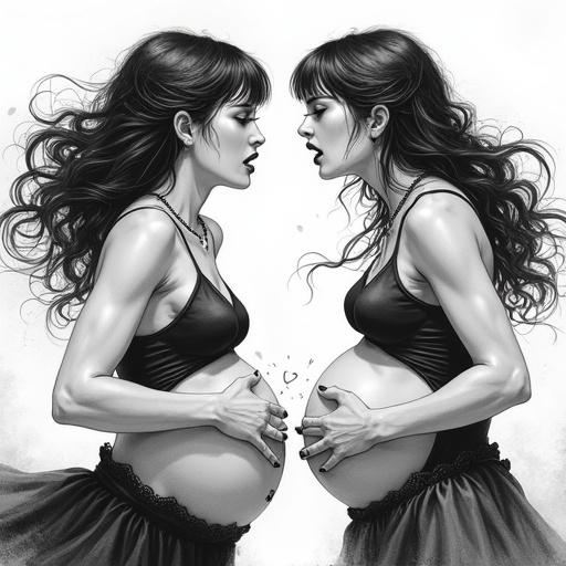 Detailed illustration showing an intense standoff between two women. Both appear in great pain. Emphasis on their facial expressions. Monochrome style with dynamic shading. Gothic themes incorporated. Focus on dramatic tension between characters.
