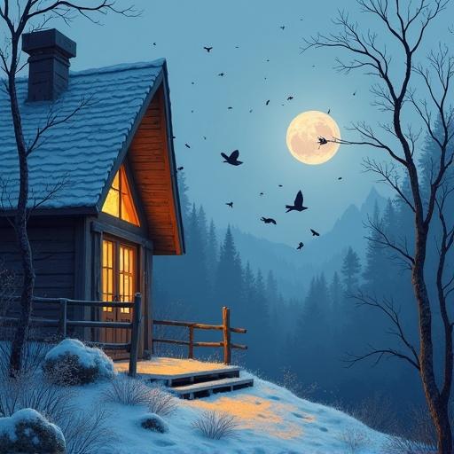 A cozy cabin during winter at night. The cabin has glowing windows and is surrounded by a forest. Small birds are flying toward the cabin. Lyrical realism is the style of the artwork.