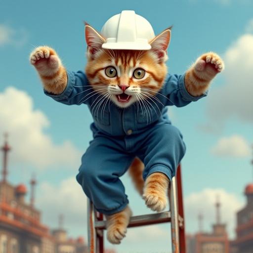 A semi-realistic cat wearing a white hard hat and blue work uniform appears mid-fall from a stepladder. The cat has a panicked expression, with limbs flailing wildly. The background displays an open sky with scattered tools, capturing a sense of comedic timing. Realistic cat fur texture enhances the image.