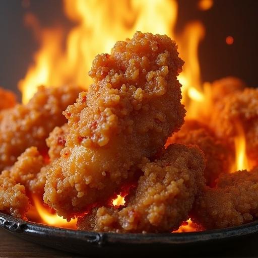 Close-up of crispy fried chicken pieces with flames in the background. The chicken appears crunchy and delicious. The image evokes a sense of heat and flavor.