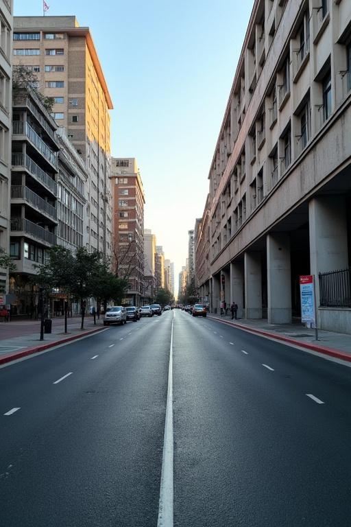 A straight road lined with buildings on both sides. Cars parked in a straight line along the edge. Early morning light illuminating the scene.