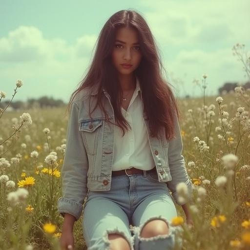 Retro 70s style photography of a young woman kneeling on a flower-filled meadow. She has long hair and wears a white shirt with a jeans jacket. The photo is taken from the front.