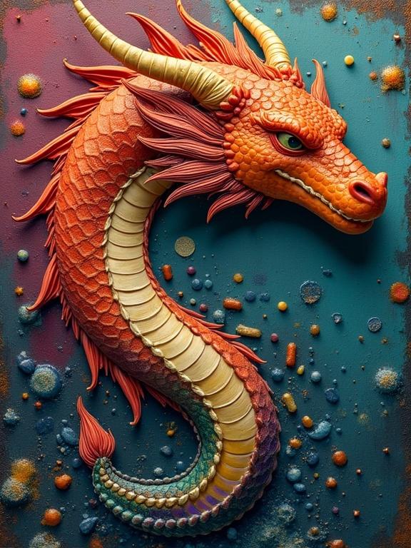 3D dragon depicted in vibrant colors within a fantasy setting. Rich impasto textures create depth and visual interest. The composition emphasizes the dragon's elegant features and luxurious surroundings.