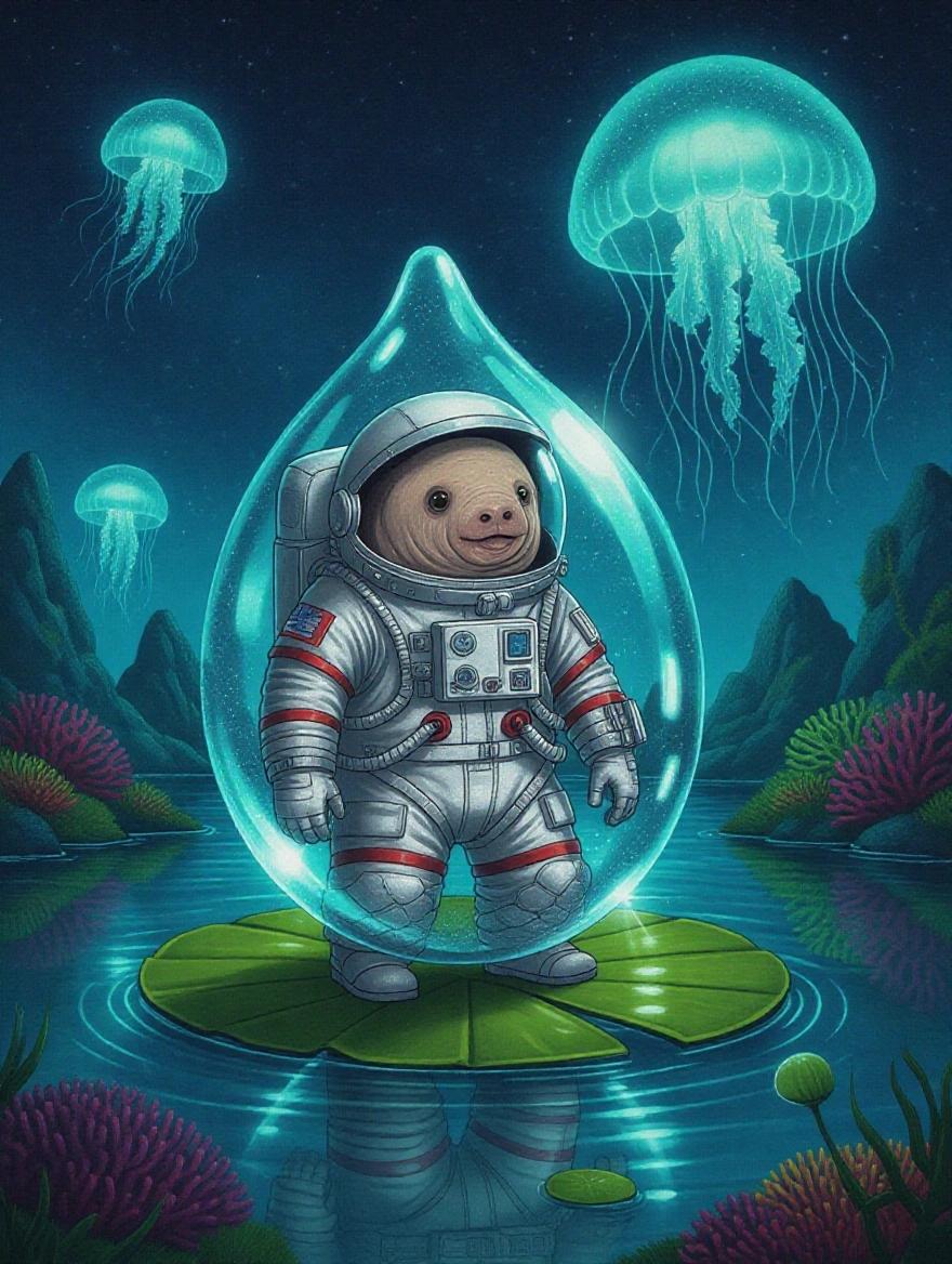 Tardigrade dressed in a spacesuit made of silver fish scales. Ship is a dewdrop on a lily pad. Background features coral planets and bioluminescent jellyfish in an aquatic universe.