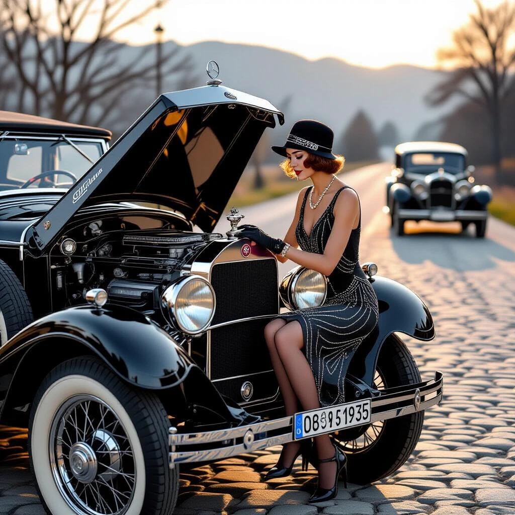 Photorealistic scene showcasing a 1928 roadside setting with an elegant woman in a cloche hat and beaded dress repairing a vintage Mercedes-Benz 18/100 PS Sportwagen. The car's hood is raised revealing the detailed straight-six engine which is emphasized with sharp details and authentic reflections. A desolate cobblestone road is featured in the background with a period Citroen B12 appearing in soft focus.