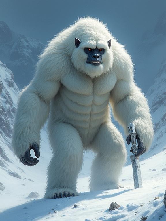 A powerful yeti stands on a snowy mountainside. The yeti has muscular limbs covered in thick white fur. Its face has a fierce expression with pronounced features. The creature holds a shiny sword in one hand. The background shows snow-covered mountains and a clear blue sky.