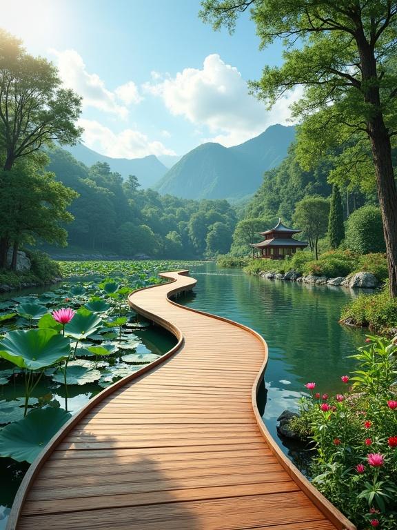 A tranquil natural landscape features a sinuous wooden walkway extending over a calm lake. Lush vegetation surrounds the water with vibrant lotus flowers and tall trees. Distant mountains rise beneath a blue sky filled with fluffy clouds. The scene exudes peace and invites exploration.