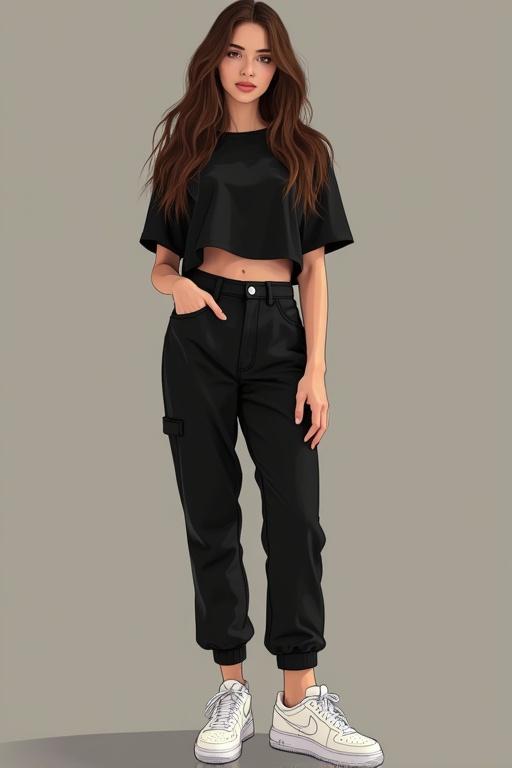 Illustration of a girl with long brown hair and brown eyes wearing a black crop top and cargo pants with white Nike Air Force 1 sneakers. She has a thin build and is standing with one hand in her pocket.