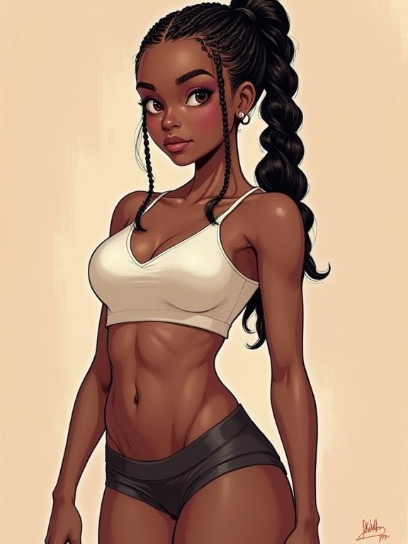 Full body portrait of a teenage female with dark brown skin. She has high cheekbones and expressive brown eyes. Coily, braided hair is tied back in a ponytail. The figure appears lean and muscular with a flat tummy and A cup breasts. She wears spandex shorts and a loose tank top. Background is trendy. The style features soft lighting and smooth comic book illustration techniques.