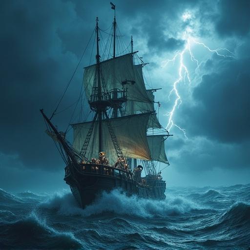 Photorealistic depiction of an old pirate ship. Ship battles a massive sea storm. Towering waves crash around it. Dark thunderclouds fill the sky. Lightning illuminates a skeletal pirate crew on deck. Eerie glowing eyes visible. Tattered sails flap violently in the wind. Intense atmospheric conditions showcase hyper-realistic details and dramatic composition.