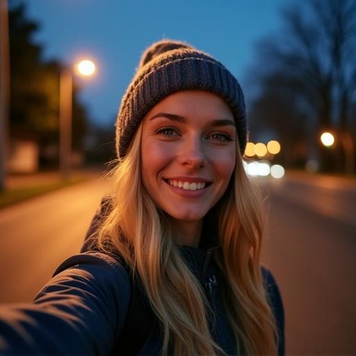 A woman takes a selfie in a quiet town in Brazil during early morning. She is blonde, wearing sporty clothes and a winter beanie. The street is illuminated by soft streetlights, creating a calm atmosphere.