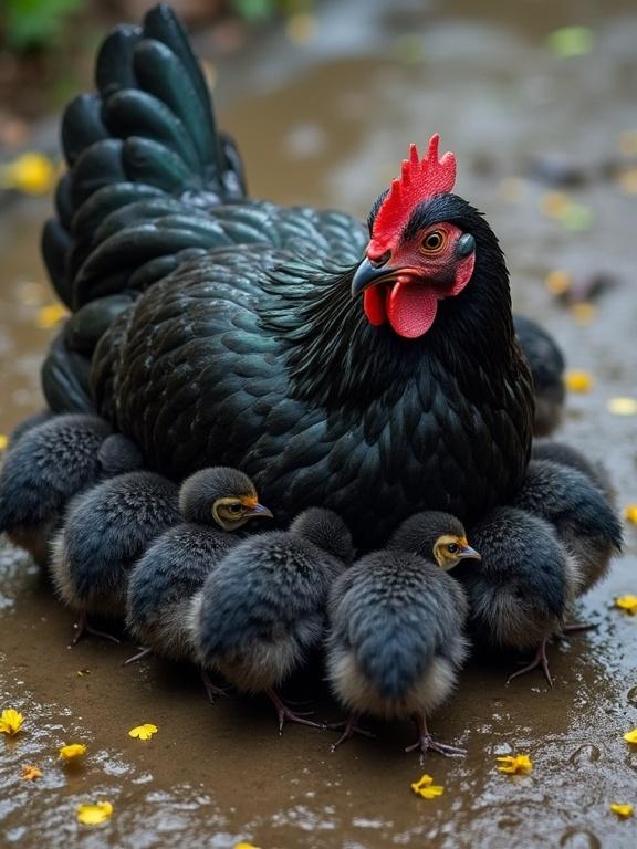 A dark-feathered hen with a vibrant red head protects fluffy chicks. The hen huddles over them on wet ground, with scattered yellow petals. The scene conveys a mother hen's care in rainy conditions.