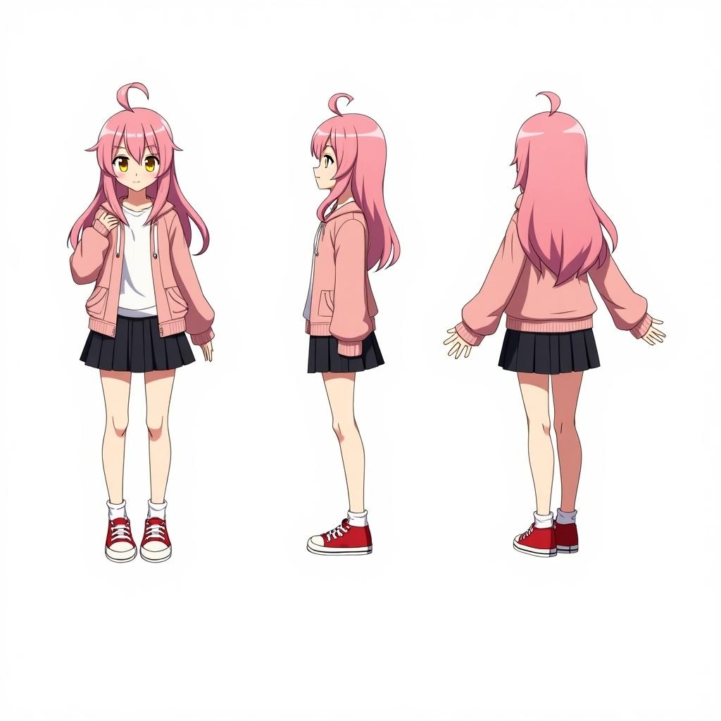 Anime character design. Long pink hair with yellow eyes. Wearing a comfortable jacket, black skirt, and red sneakers. Showcased in front, side, and back views. Friendly and approachable appearance. Ideal for anime, manga, or video game projects.