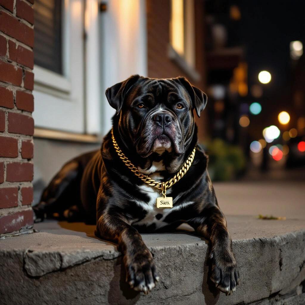 Dark photo of a large breed dog lounging on steps at night. The dog has a shiny coat and wears a thick gold chain with a name tag reading SAX. The setting shows urban nightlife with soft ambient lighting.