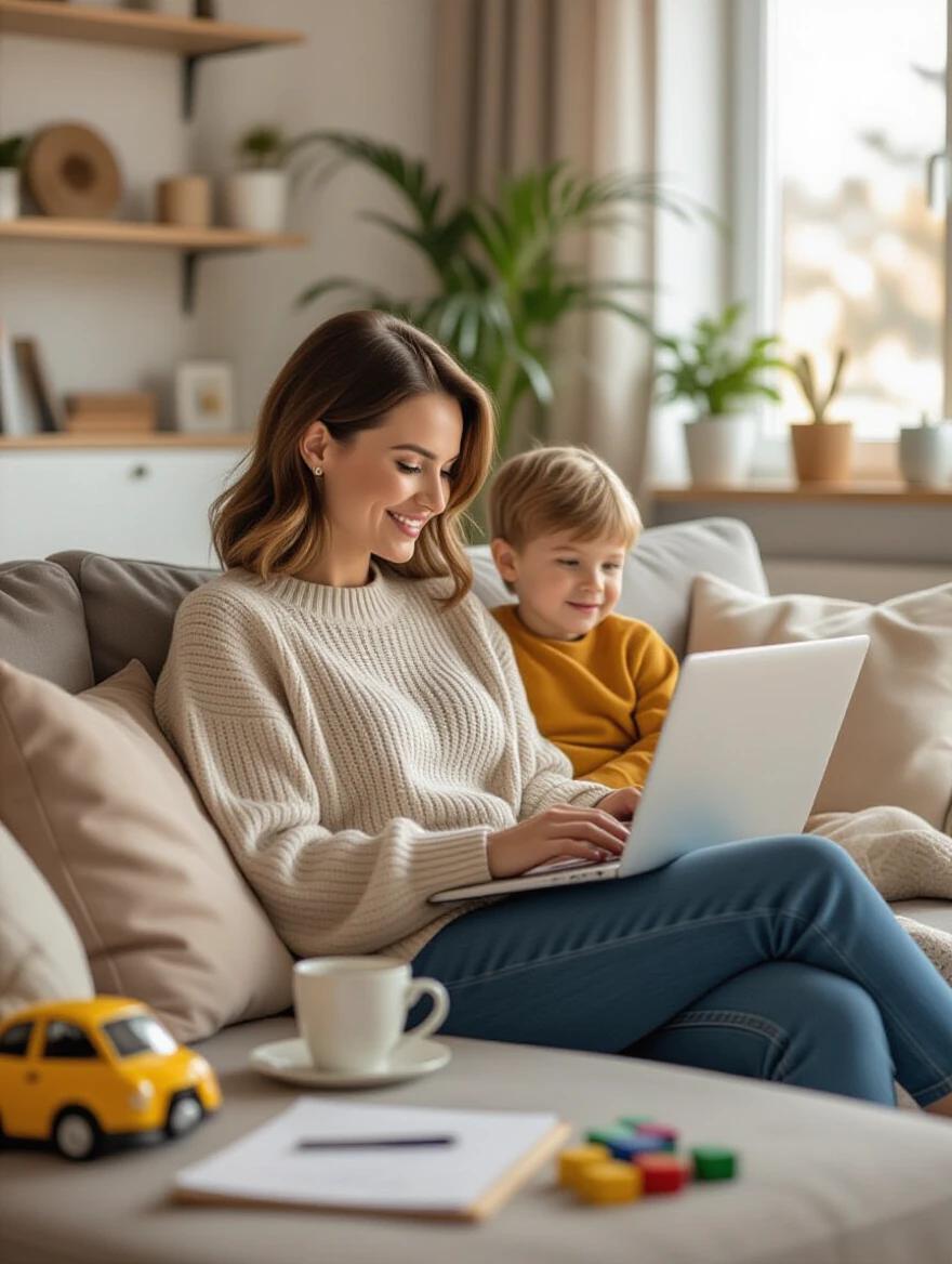 Photographic image of a mother and child in a living room. Mother sits on a sofa using a laptop. Child sits beside her smiling. Bright and warm colors dominate the scene. Natural light fills the room. Items like toys and a coffee cup are visible. Cozy home environment is portrayed.
