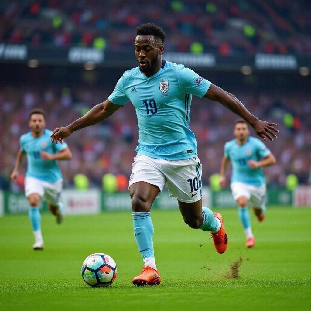 Football match with players. An athlete runs with the ball during a competition. Team in light blue jerseys on the field.