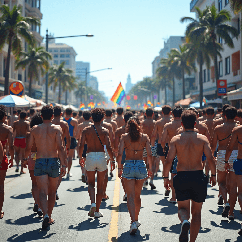 A vibrant crowd celebrating a Pride parade on a sunny city street.