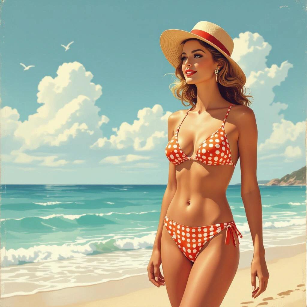 Stylish woman in a polka dot bikini stands on the beach. The ocean waves crash gently. Fluffy clouds fill the blue sky. Warm sunshine illuminates the scene. The woman wears a wide-brimmed hat. Her pose is confident and relaxed.
