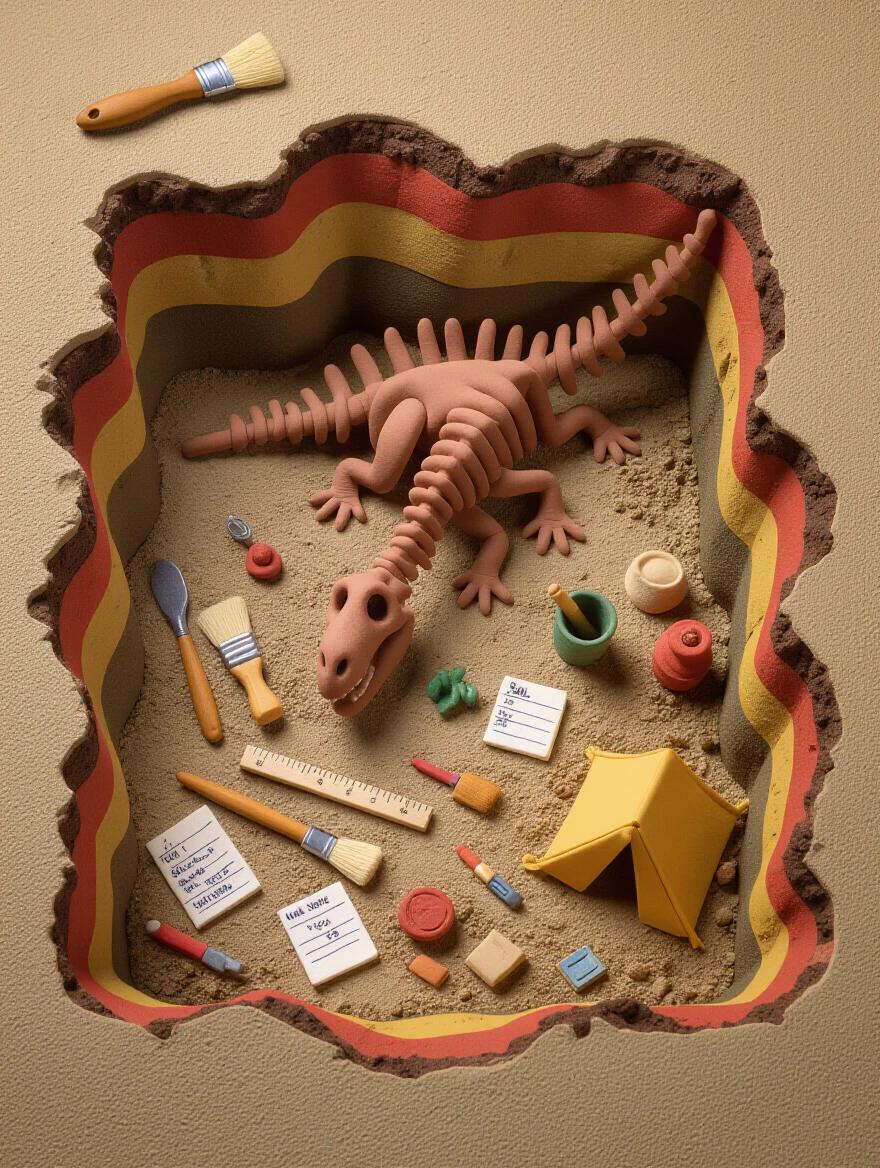 An archaeological excavation scene recreated in clay. Handcrafted sedimentary layers shown in different earth tones. A partially exposed clay dinosaur skeleton is emerging from the rock. Bones show meticulous hand-sculpting and natural clay shrinkage cracks. Excavation tools are tiny brushes picks and measuring rulers crafted from polymer clay. Scattered are handmade clay field notes sample bags and a miniature tent. The entire diorama sits in a shallow clay basin. Photographed with dramatic side lighting emphasizing the storytelling through clay. Every element celebrates sculptural possibilities of clay craftsmanship.