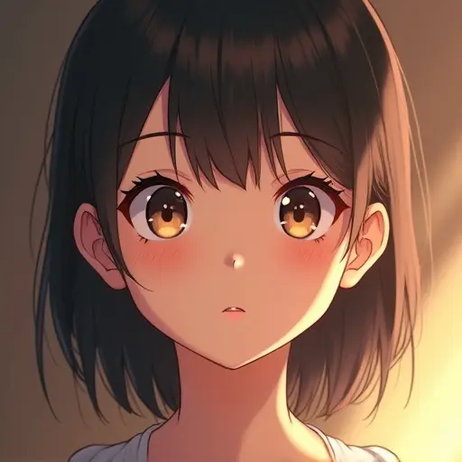 Portrait of a young character in semi-realistic style. Combines realistic skin texture and lighting with anime influences. Character has expressive oversized eyes and clean facial features. Hair is stylized with visible strands. Realistic shading on the face. Background is blurred. Natural but saturated color palette. Style resembles high-end anime cutscenes. Expression is calm and confident.