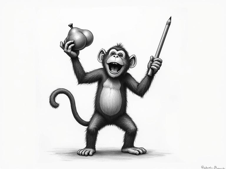 Pencil drawing of a playful monkey holding a pear in one hand and a pencil in the other. The monkey is smiling widely as it stands triumphantly.