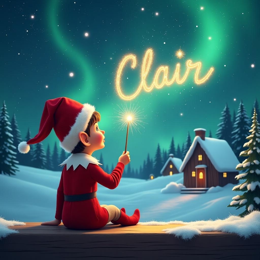 Elf dressed in red outfit on a wooden ledge gazing at a magical sky. Holding a wand, writing Clair in the sky. Background features snowy landscape, charming houses, evergreen trees, and Northern Lights. Captures essence of childhood magic and Christmas cheer.