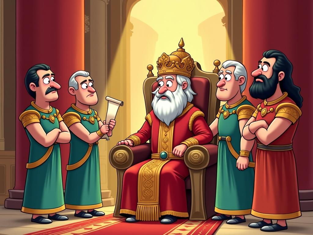 In ancient Babylon, a cheerful cartoon illustration of the governors dramatically bowing before a thoughtful king in his grand court room. The governors, wearing royal robes, display wicked facial expressions as they hold up a scroll for the king to see. The king, adorned in luxurious red and gold clothing, sits regally on his throne, showing off his white hair and beard. The court room is beautifully decorated with golden embellishments and rich red curtains that enhance its royal atmosphere. The scene captures a moment of authority and intrigue, highlighting the dynamics between the governor and the king.