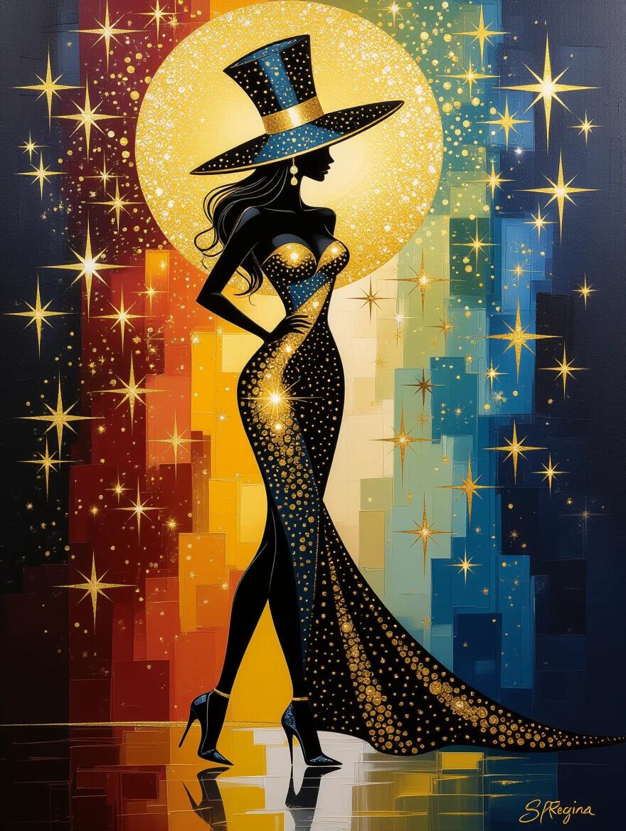 Oil painting on canvas. Woman silhouette wearing tall hat. Elegant body pose in high heels. Colorful golden sparkles surround her. High contrast against a dark canvas. Abstract design emphasizes sophistication.