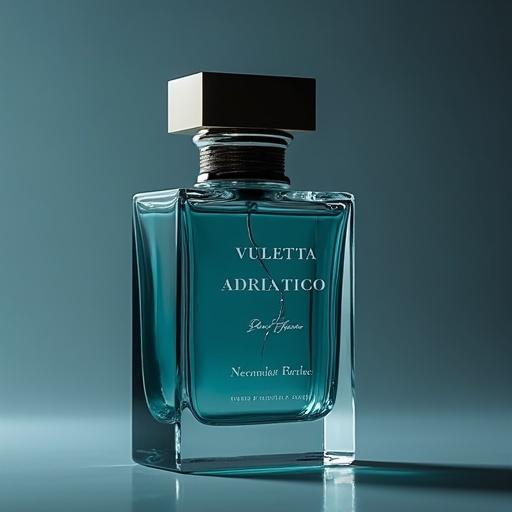 Product photo of a luxury turquoise perfume bottle. Dramatic lighting enhances the elegant design. Background is soft gray to maintain a minimalist look. Dark blue background holds the label. 'VULETTA' is in a bold, bespoke silver font at the top. In the middle, 'ADRIATICO' appears in white silver font. Faint metallic silver 'PARFEME' is near the bottom. Close-up shot captures the details with a low angle. Pastel color grading with light leaks enhances the composition.