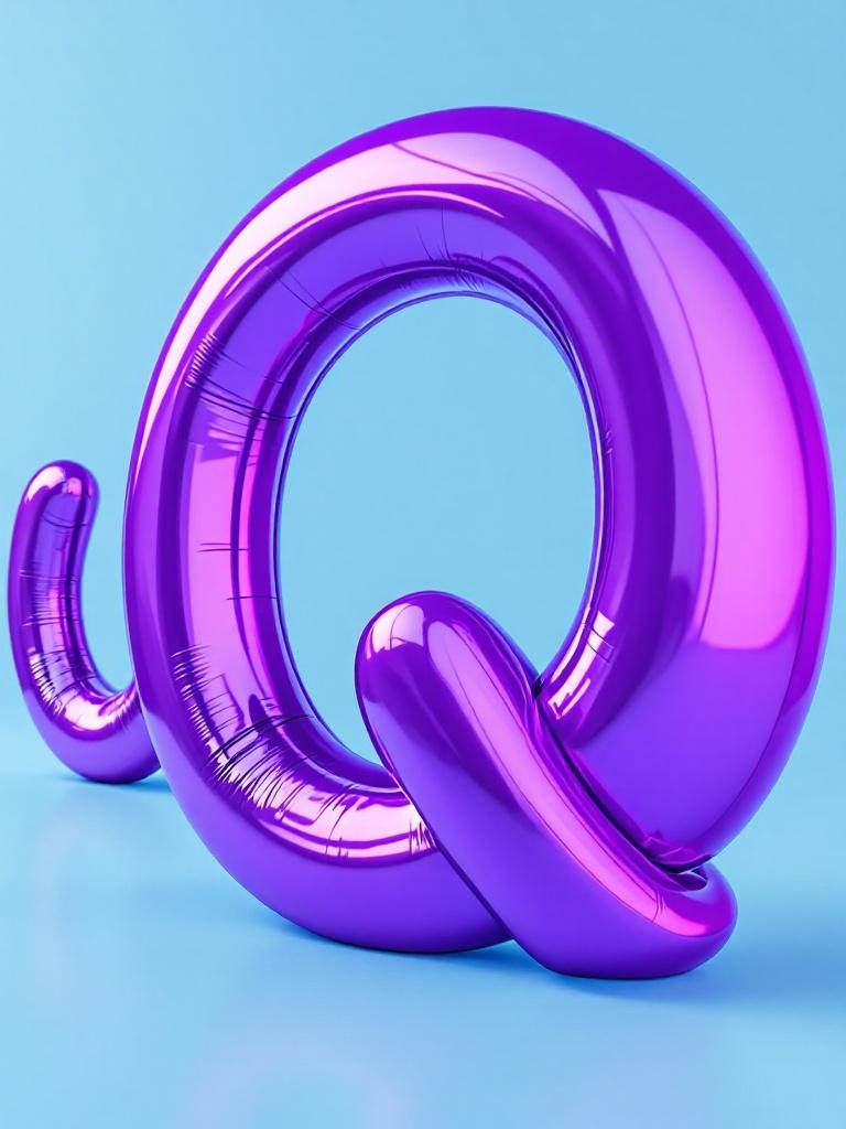 Vibrant purple sculpture resembling the letter Q. Glossy mirror-like finish. Playful light reflection. Simple light tiffany blue background. Emphasis on whimsical artistic presence.