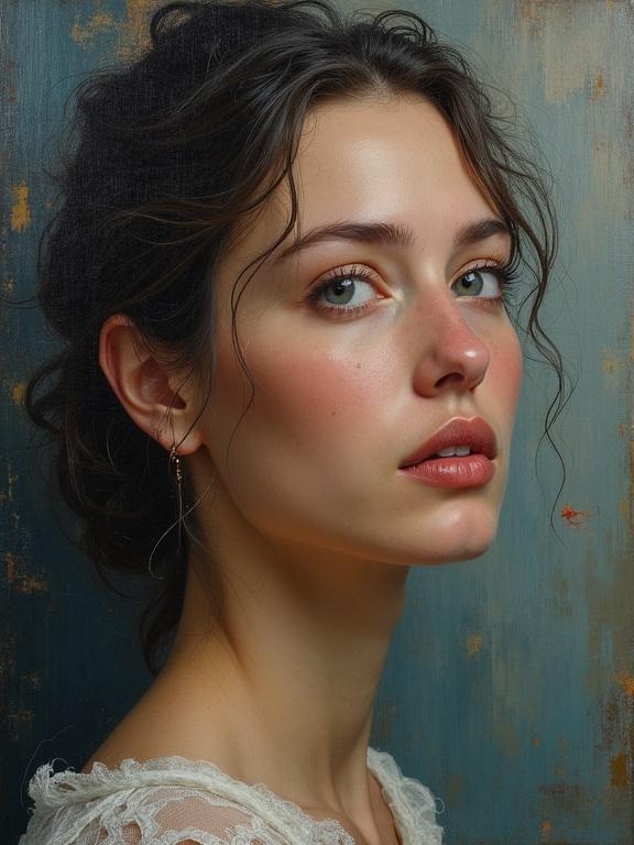 Create an abstract image of a woman in thought. Highlights the beauty in her contemplation. Style reflects old master oil paintings with visible texture. Layers of light and depth captured through technique. Emotional connection emphasized.