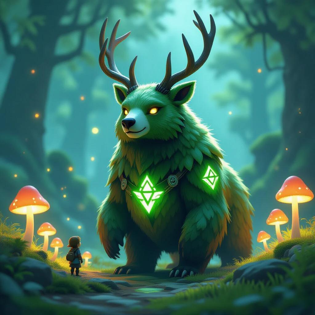 Fantasy creature of moss and stone shaped like a bear-deer hybrid among glowing mushrooms. Glowing runes on its fur. 3D rendering with vibrant colors, soft edge lighting, lush environment.