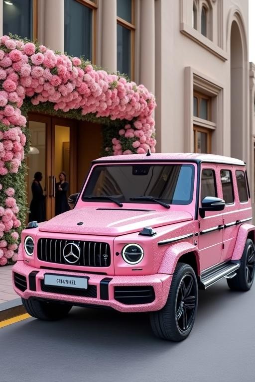 A pink Mercedes G-Wagon parked in front of an elegant building adorned with pink flowers. Chanel logo displayed prominently, with 'Flower Shop Dubai' in smaller text.