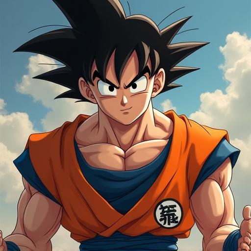 Son Goku depicted in a realistic style. Photorealistic representation. Strong physique and confident expression. Bright blue sky in the background.