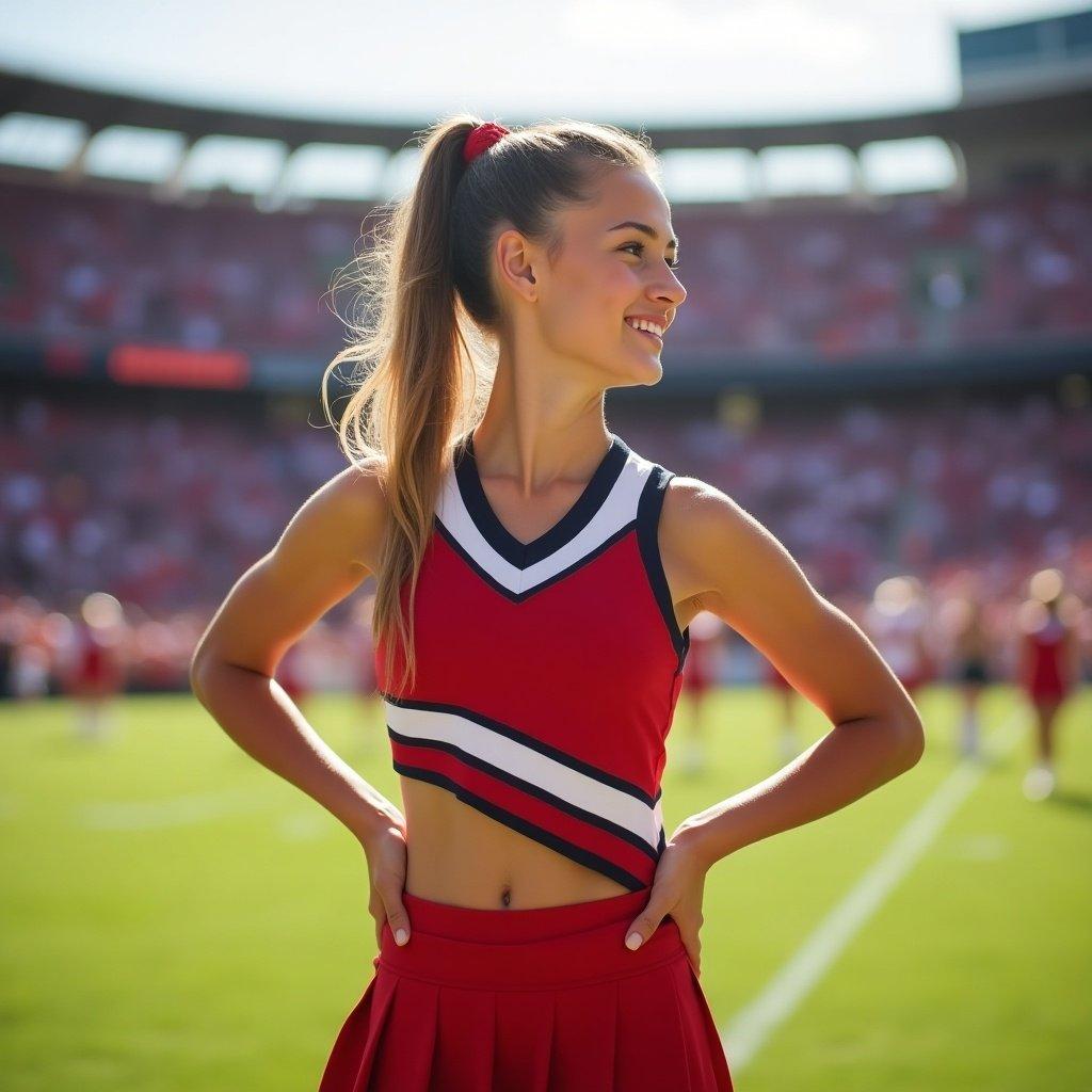 Cheerleader posing with hands behind back on a football field. Cheerleader wears a red and white uniform with a vibrant background of a stadium. Bright sunny atmosphere creates a lively mood.