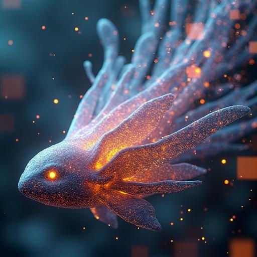 A shimmering ethereal entity floats in digital space. Cascading streams of data surround this entity. Colors shift in a kaleidoscope of patterns. Hyper-realistic 3D rendering captures the entity's beauty and complexity. Intricate details pulsate with life. The scene exudes futuristic elegance.