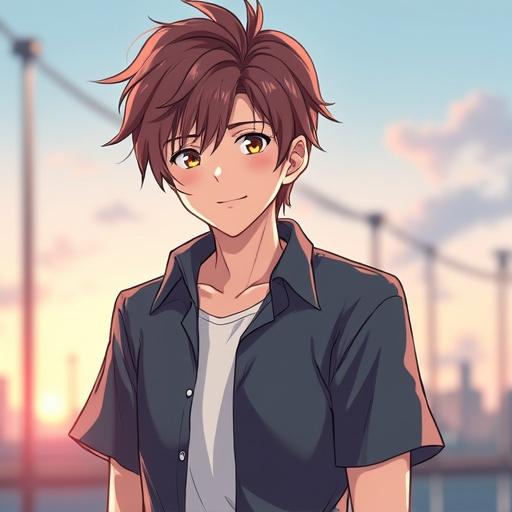Young man with short brown hair. He has warm eyes and a friendly smile. He wears a casual shirt. Background features a sunset over an urban landscape. Expressive and inviting appearance.