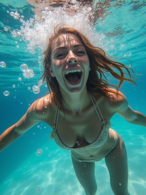 Underwater image capturing lively motion of a playful woman. Woman lost bikini. Eyes opened wide. Mouth breathing out air. Sense of excitement and fun. Playfully swimming in blue aquatic backdrop. Bubbles surrounding. Scene illuminated by beams of sunlight penetrating water surface. Sense of joy and thrill. Details are crisp and vivid.