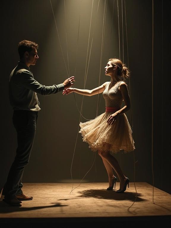 A woman in a beige dress dances on a wooden stage. A man extends his hand as if controlling her with strings. The lighting creates dramatic shadows. The scene captures a metaphor for control.