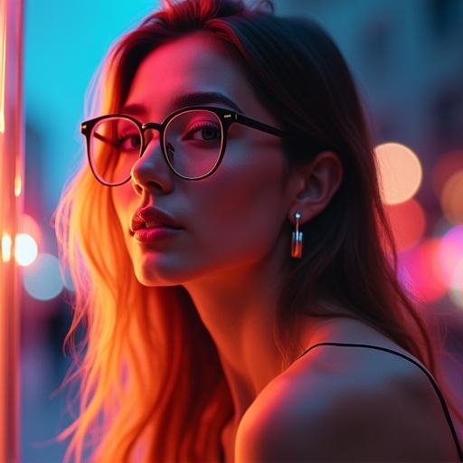 Image of a modern woman wearing stylish glasses. The scene contains bright lighting and sharp colors. The focus is on her face, highlighting modern fashion accessories.