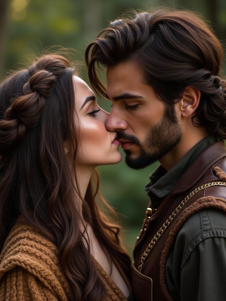 Couple kissing in a natural setting. Woman has long brown hair. Man has brown hair with trimmed beard. Green background creates a romantic atmosphere.