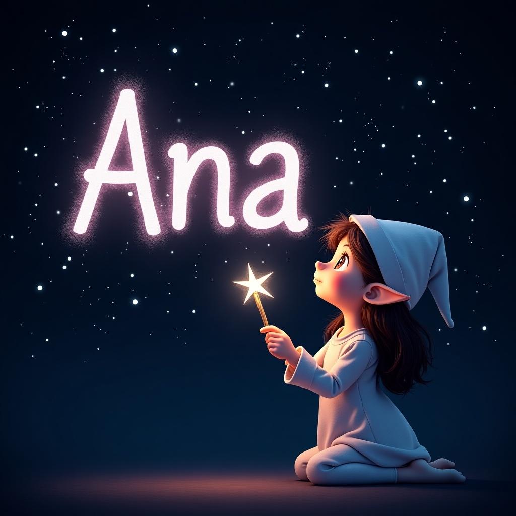 A girl elf uses a wand to write names in sparkling text against a starry night sky. The name 'Ana' glows elegantly. The dark background highlights white and light pink letters. Scene feels magical and whimsical.