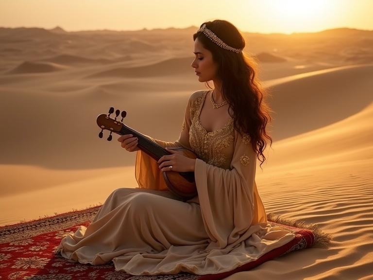Graceful Arabic woman on ornate rug in desert. Wears flowing sand-colored gown with golden accents. Dark wavy hair, adorned with gold jewelry and delicate headpiece. Playing Oud, immersed in music. Setting sun casts warm glow, long shadows across dunes. Wind lifts edges of dress, evokes movement in serene atmosphere.