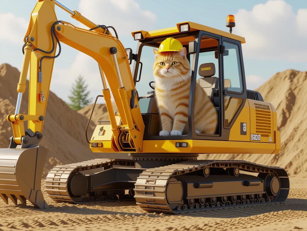 Fluffy orange tabby cat wearing yellow hard hat sits in bright yellow excavator. Excavator designed to look like giant mechanical cat with ears whiskers paw-shaped tracks and tail-like hydraulic arm. Construction site with dirt piles. Realistic 3D render style. Playful yet industrial aesthetic. Warm golden lighting. Highly detailed machinery. Whimsical engineering concept.