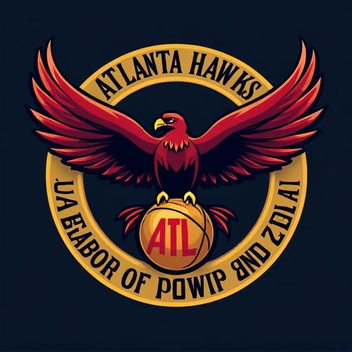The graphic design showcases a logo redesign for the Atlanta Hawks. A deep red hawk with sharp wing feathers is above a golden circle. A basketball with the letters ATL is at the center. The words ATLANTA HAWKS A Beacon of Power and Zeal are in bold, golden letters around the circle.