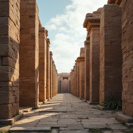 A vertical view displaying ancient structures with towering columns and a clear sky above. Stone pathways lead through the ruins creating a sense of depth and history.