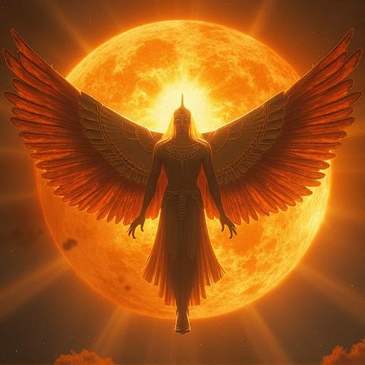 A figure resembling Akhnaten flies towards the sun with large wings. The background features a glowing sun depicting heavenly ascent in a mystical setting.